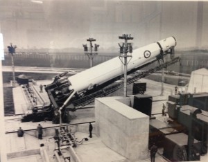 One of 77's Thor missiles being raised into position at RAF Feltwell, 1960